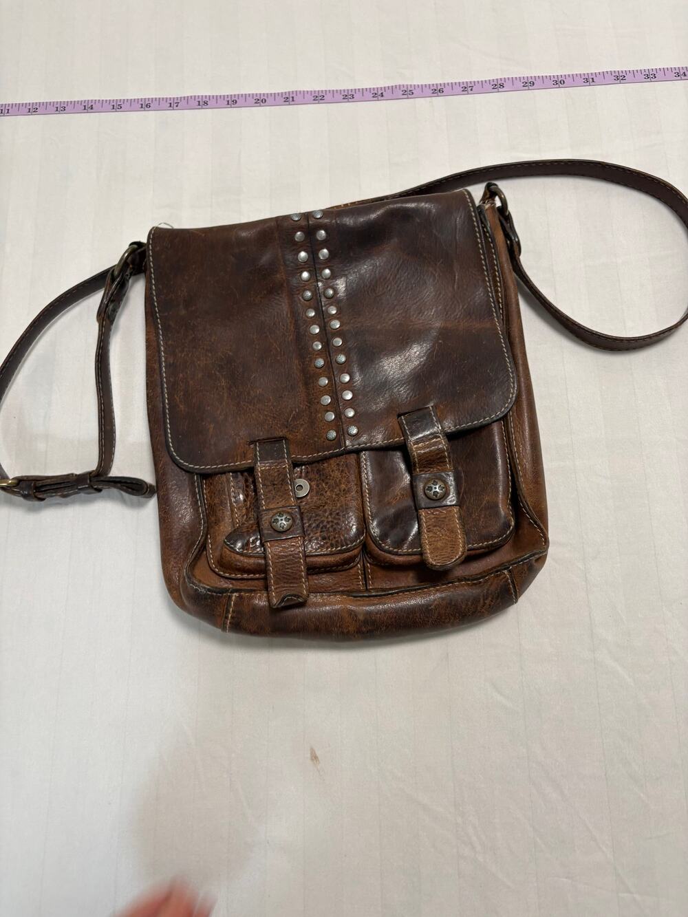 Patricia Nash Distressed Brown Leather Studded Crossbody Bag